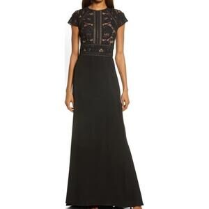 New Tadashi Shoji Lace & Crepe A-Line Gown In Black/ Nude Sz 14 $358